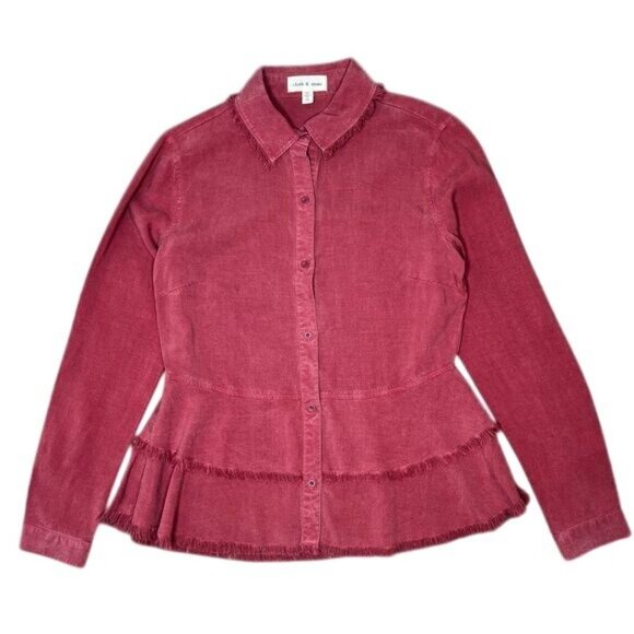 Anthropologie Cloth & Stone Womens Rose Button-Up Peplum Shirt W/Frayed Hem XS - Picture 9 of 14